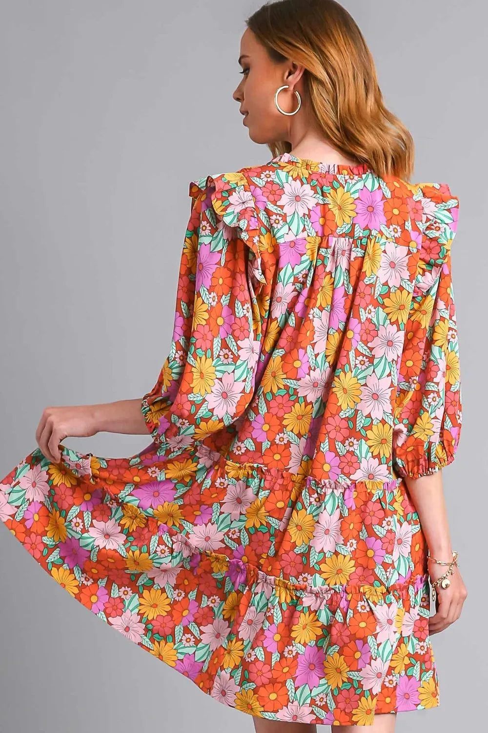 Image of Umgee Full Size Ruffled Flower Print Tie Neck Tiered Dress Plus Size | Queeble.shop