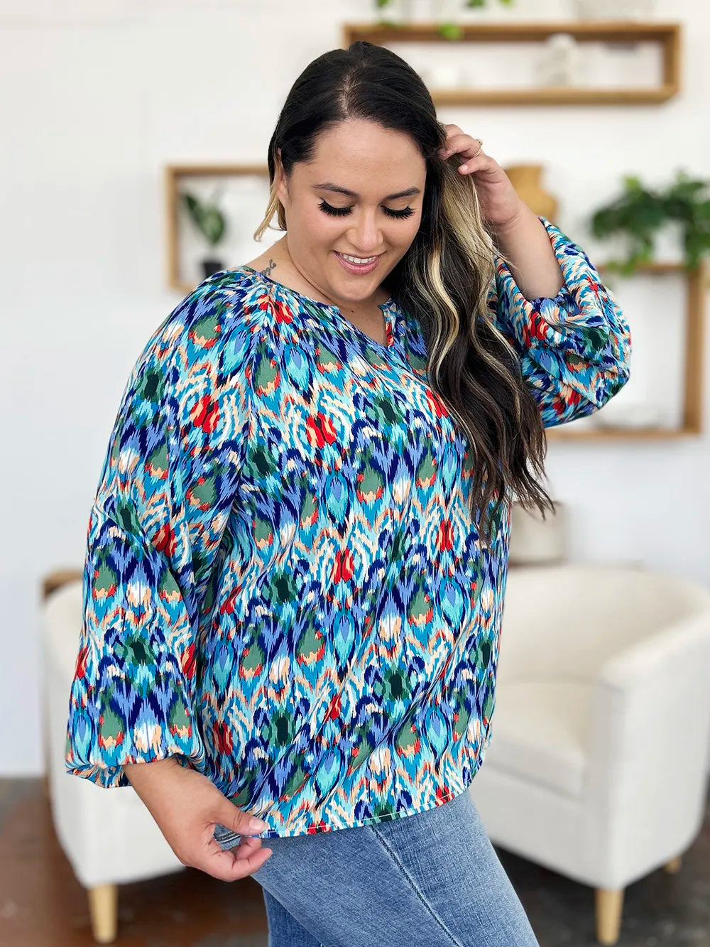 Image of Double Take Full Size Printed Balloon Sleeve Blouse | Queeble.shop