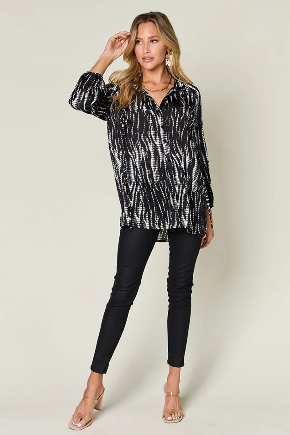 Image of Double Take Full Size Printed Button Up Long Sleeve Shirt | Queeble.shop