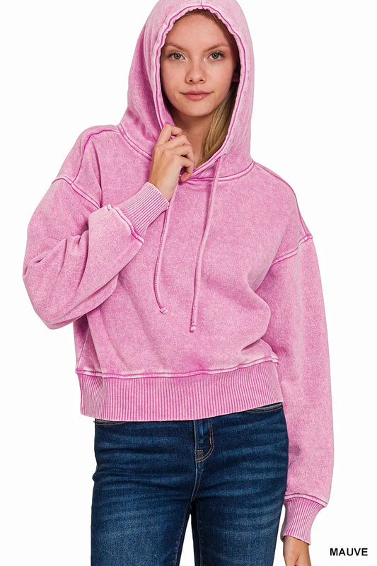 Image of Zenana Acid Wash Fleece Drawstring Cropped Hoodie | Queeble.shop