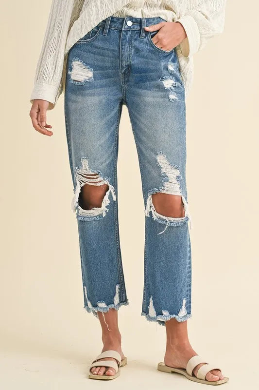 Image of Annie Wear Distressed Raw Hem Cropped Jeans | Queeble.shop