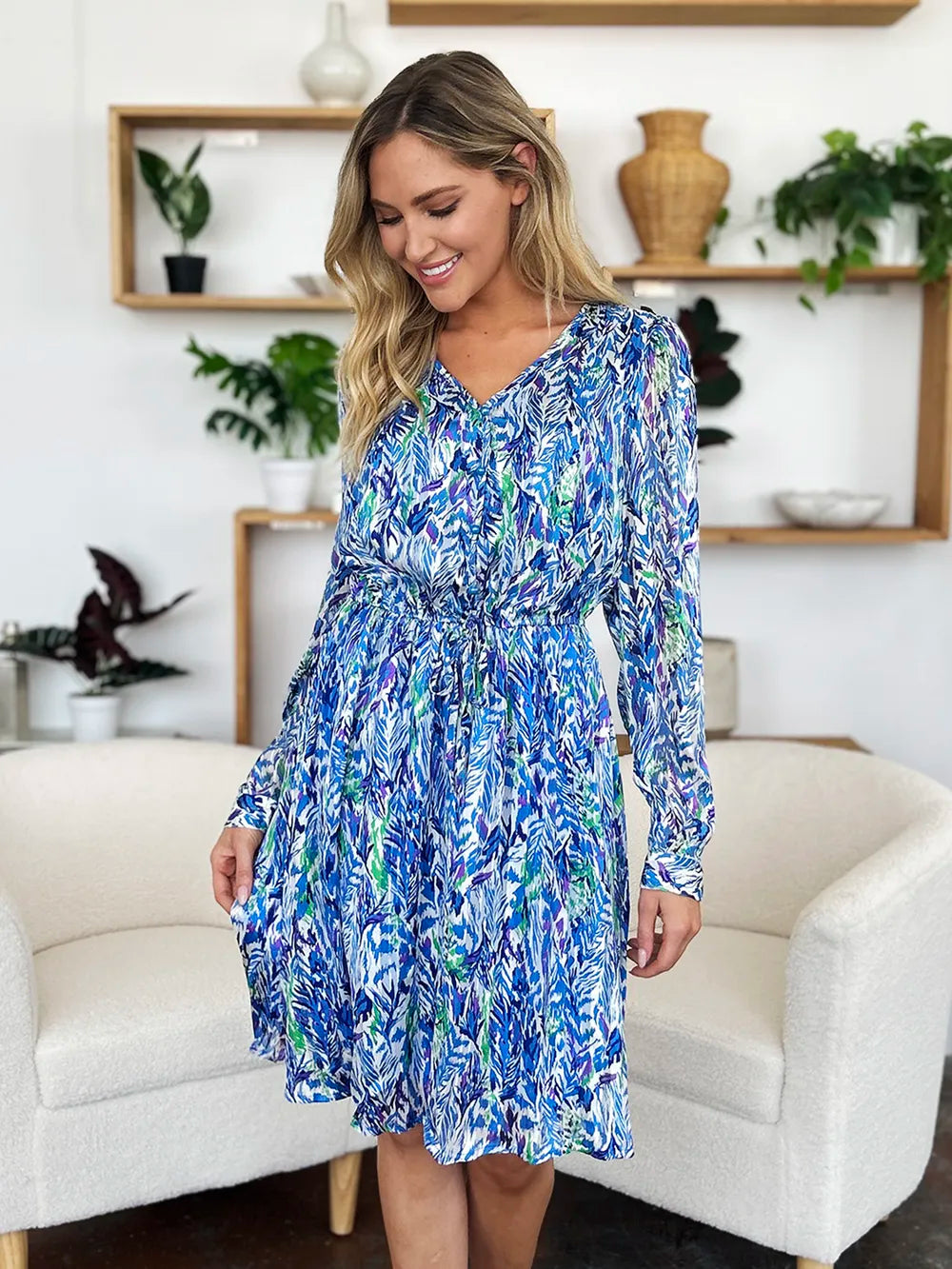 Image of Double Take Full Size Printed Drawstring Waist Long Sleeve Dress | Queeble.shop