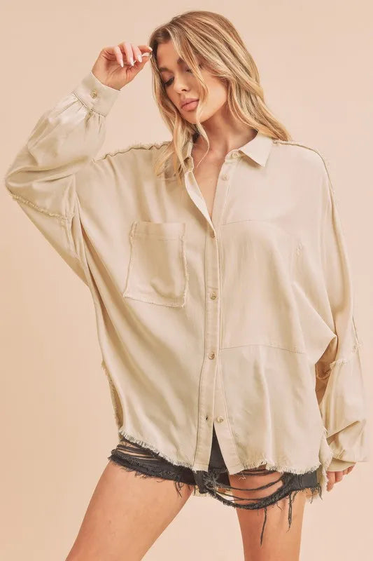 Image of Aemi + Co Raw Edge Exposed Seam Collared Neck Long Sleeve Shirt | Queeble.shop