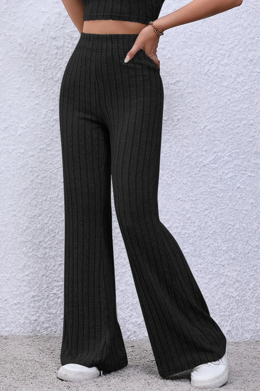 Image of Basic Bae Full Size Ribbed High Waist Flare Pants | Queeble.shop