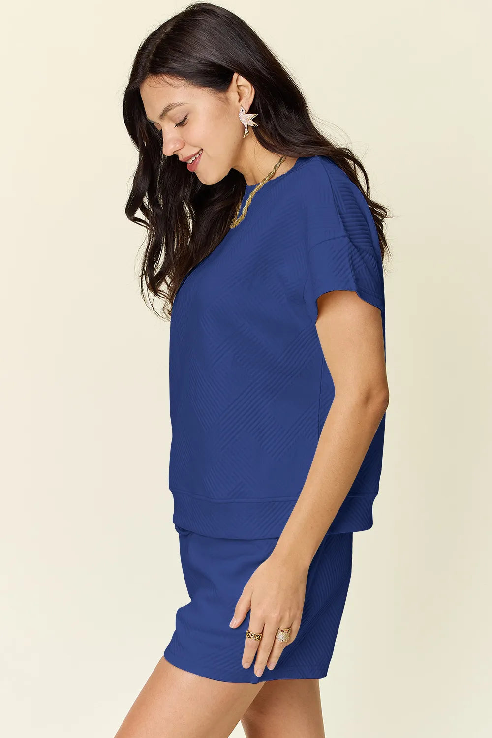 Image of Double Take Full Size Texture Short Sleeve T-Shirt and Drawstring Shorts Set | Queeble.shop