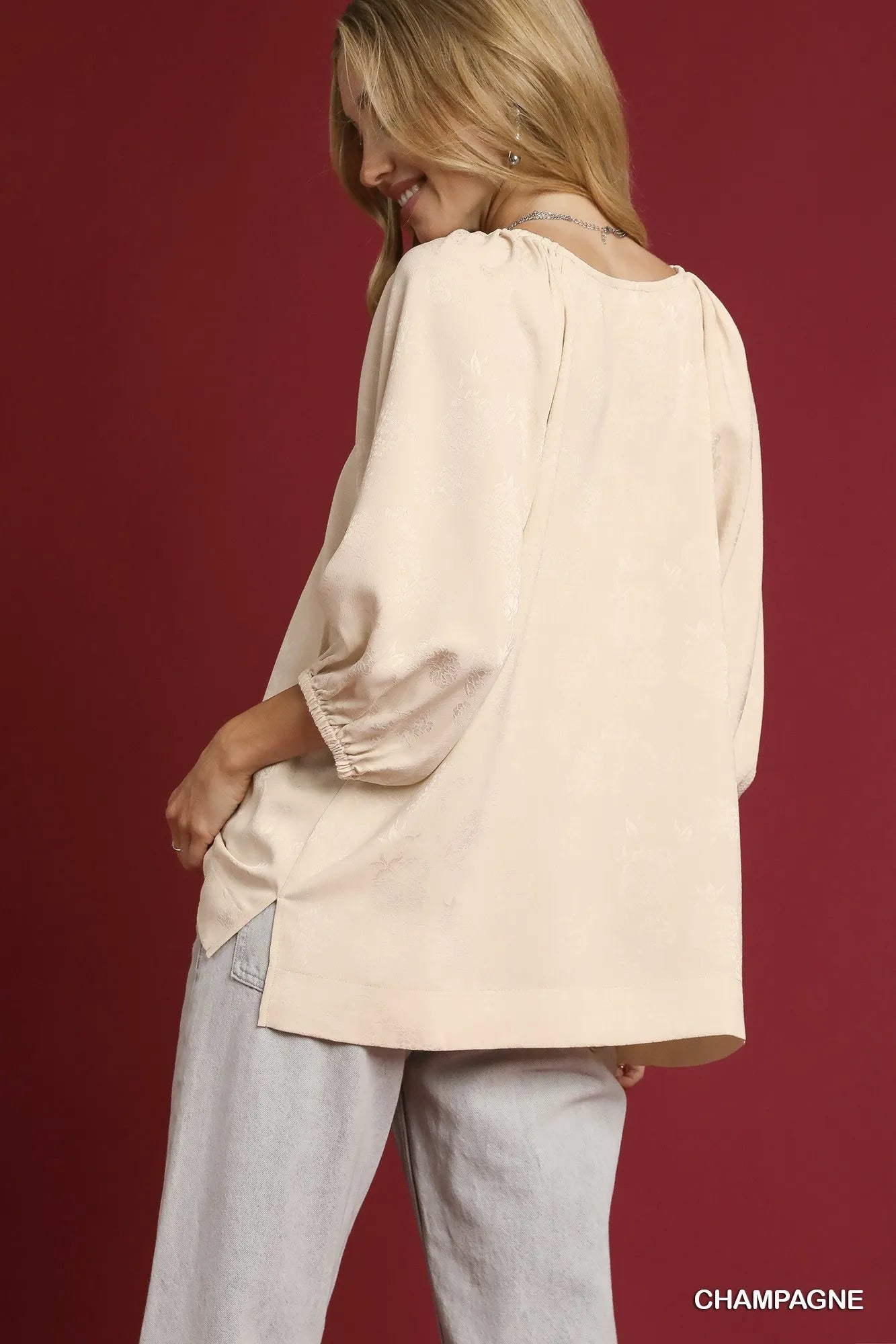 Image of Umgee Satin Jacquard Balloon Sleeve Blouse | Queeble.shop