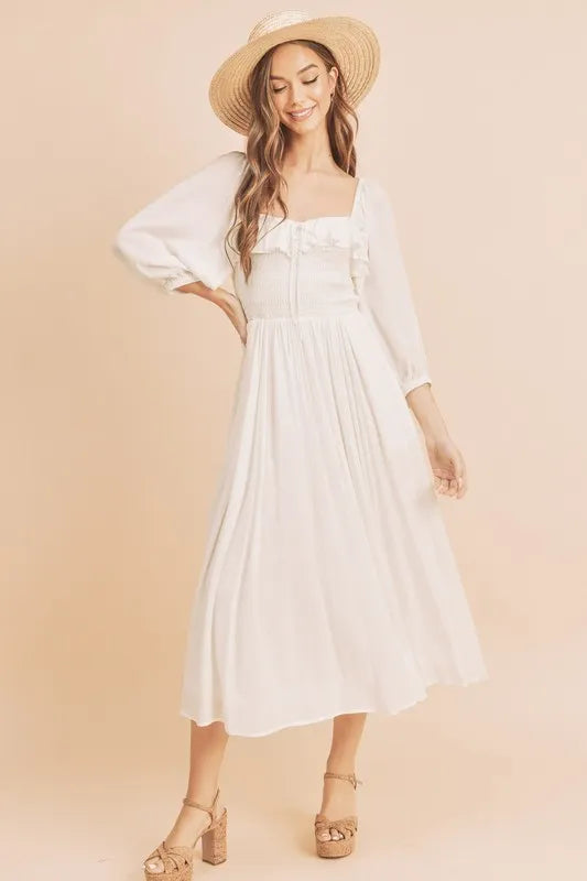 Image of Aemi + Co Ruffled Smocked Square Neck Balloon Sleeve Dress | Queeble.shop