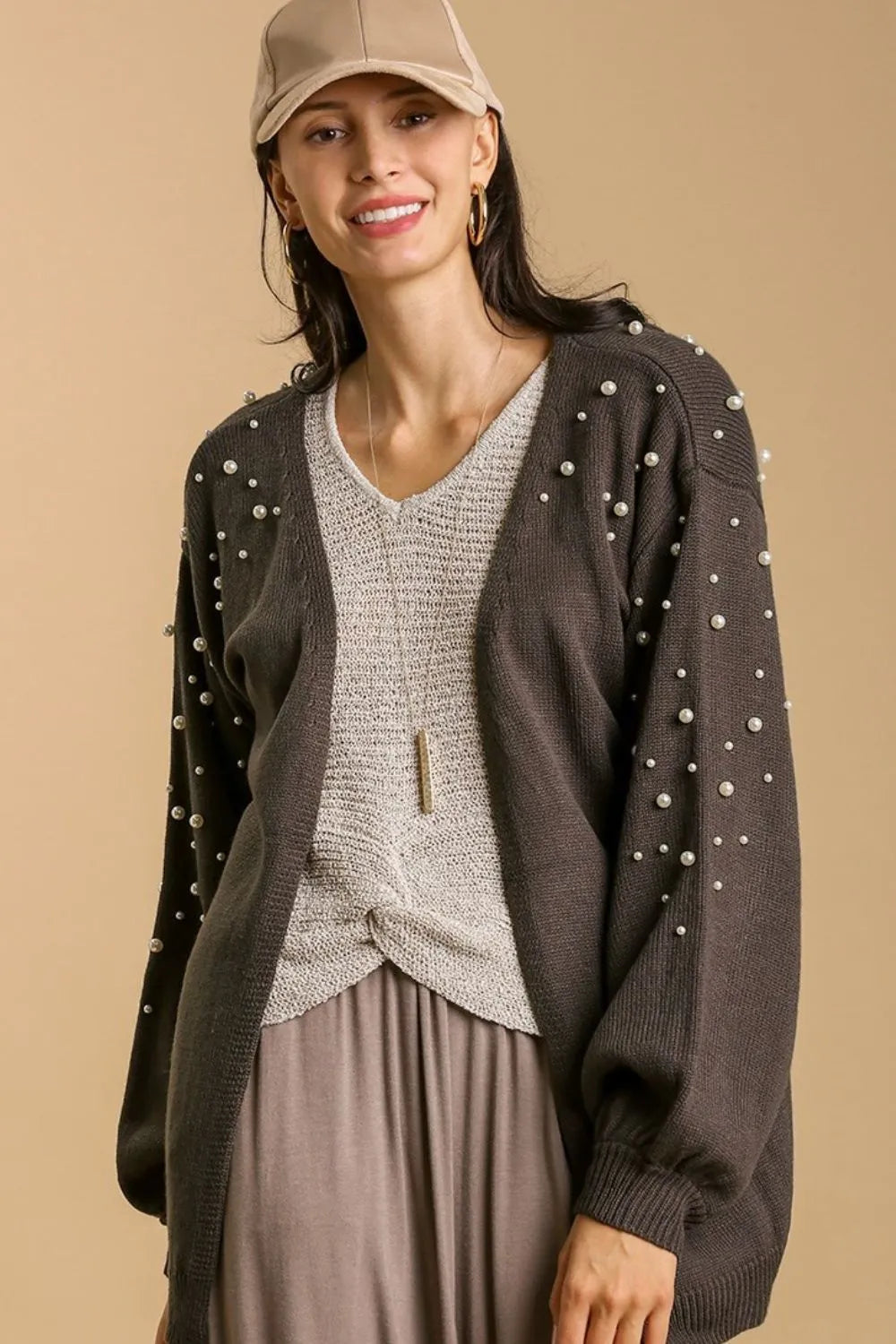 Image of Umgee Full Size Open Front Cardigan with Long Sleeve Pearl Details Plus Size | Queeble.shop
