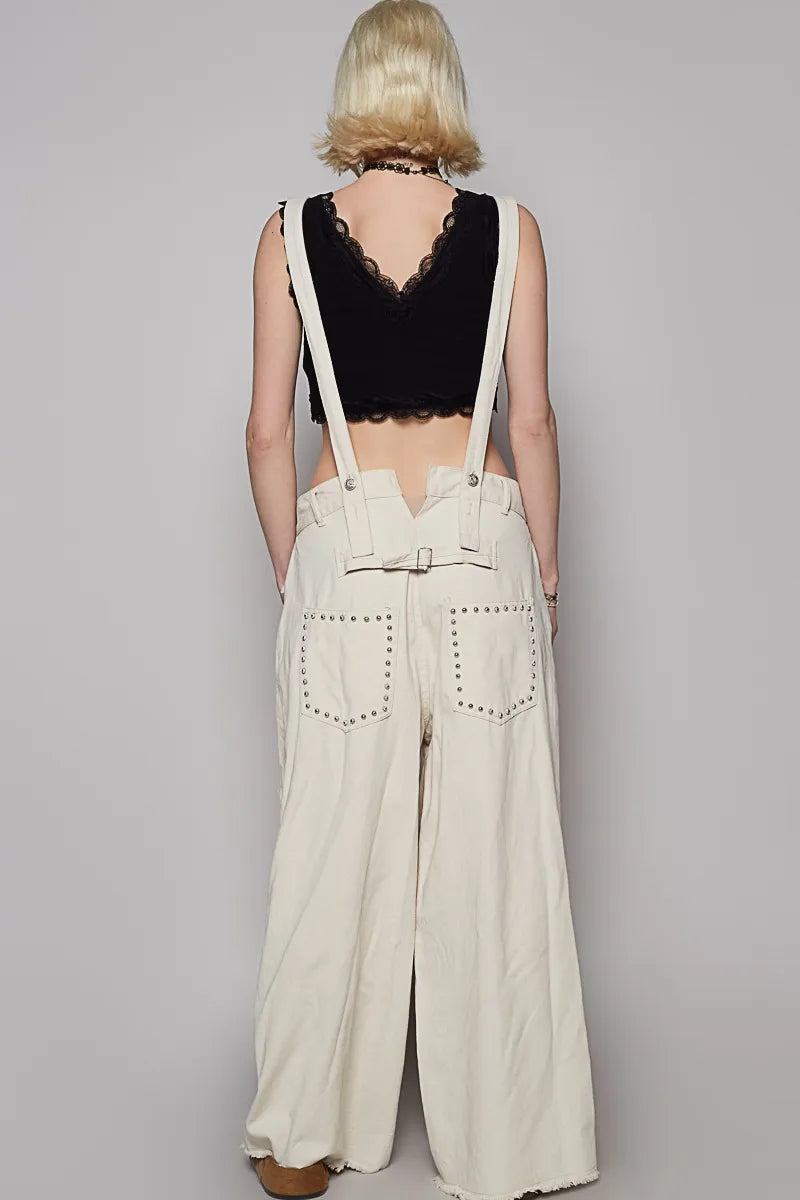 Image of POL Raw Hem Studded Knee Patches Cargo Overalls | Queeble.shop