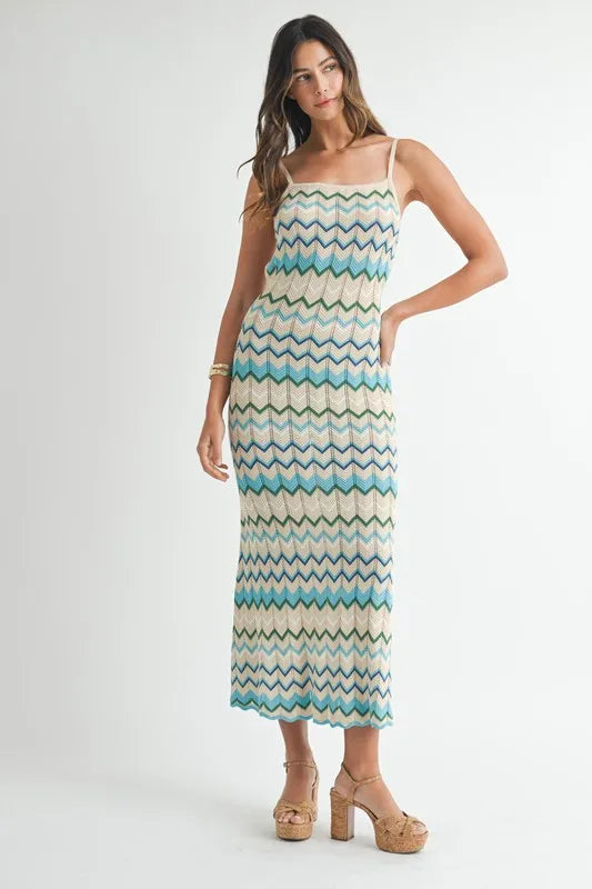 Image of MABLE Lightweight Pointelle Chevron Knit Maxi Dress | Queeble.shop