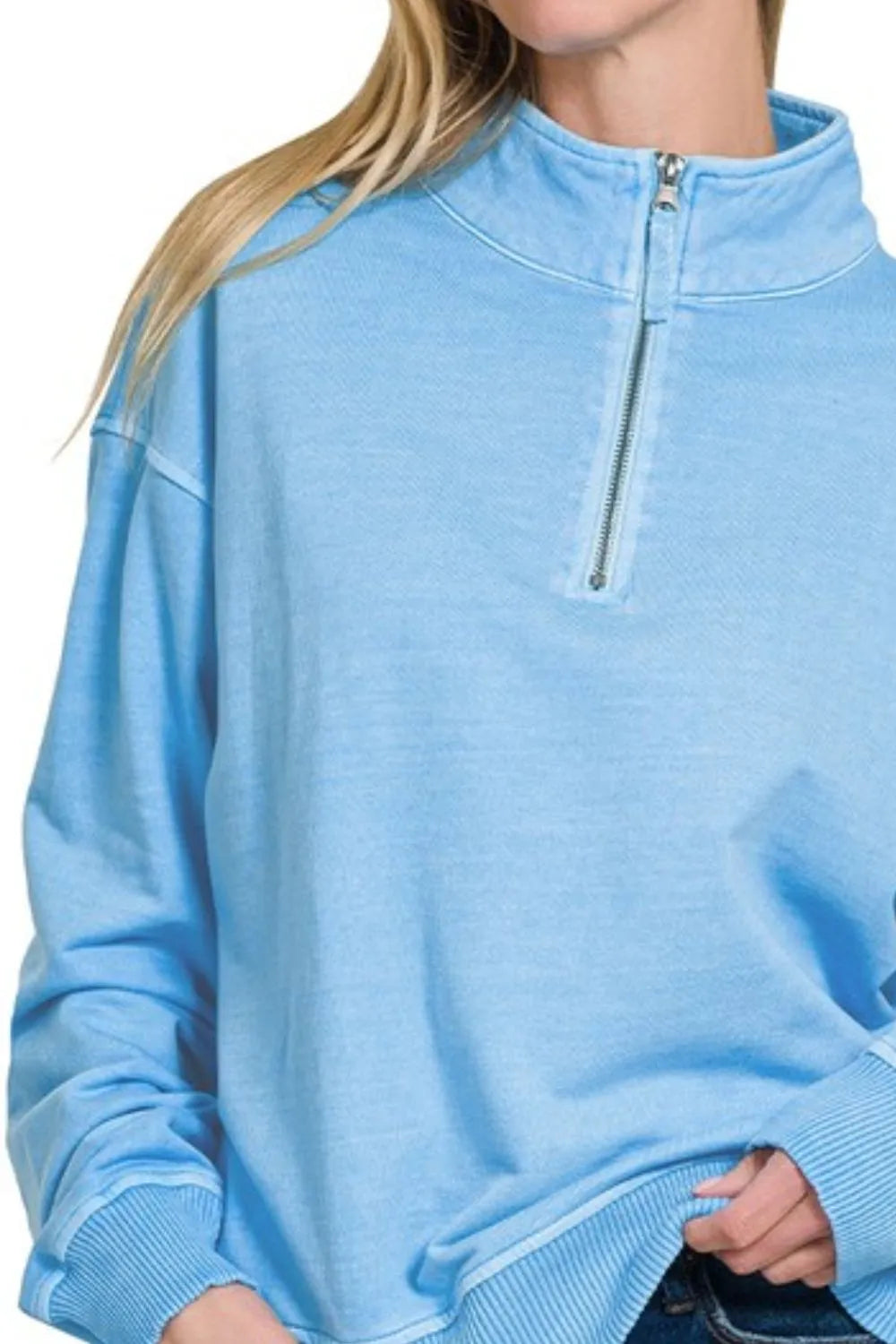 Image of Zenana F/terry Pigment Dye & Enzyme Washing Half Zip Top | Queeble.shop