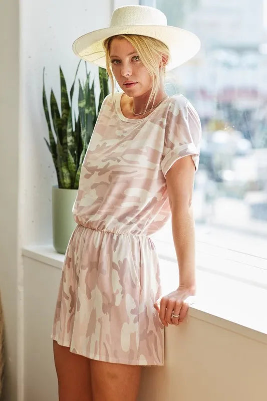 Image of BiBi Camo Print French Terry Romper with Side Pockets | Queeble.shop