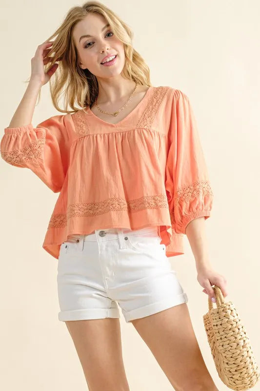 Image of And The Why Lace Detailed V Neck Blouse Top | Queeble.shop