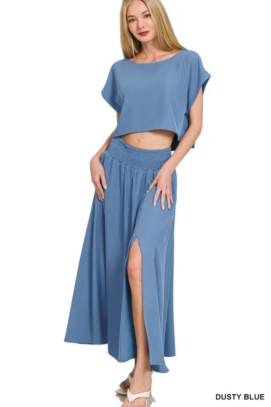 Image of Zenana Woven Crinkle Gauze Crop Tee and Skirt Set | Queeble.shop