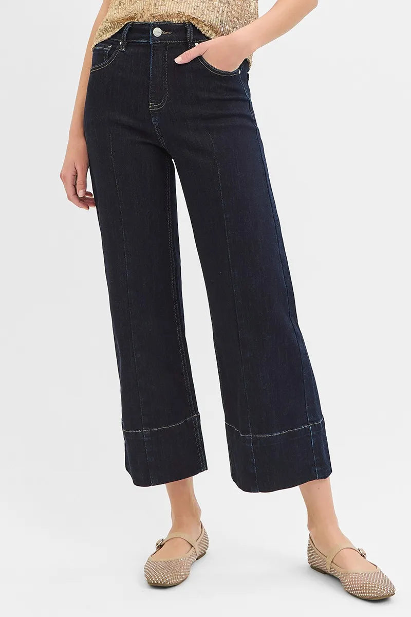 Image of RISEN Tummy Control High Rise Crop Wide Seam Detailed Jeans | Queeble.shop