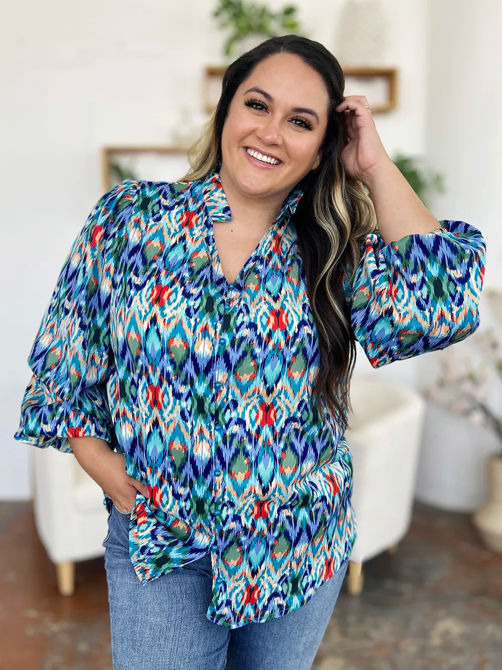 Image of Double Take Full Size Printed Balloon Sleeve Blouse | Queeble.shop