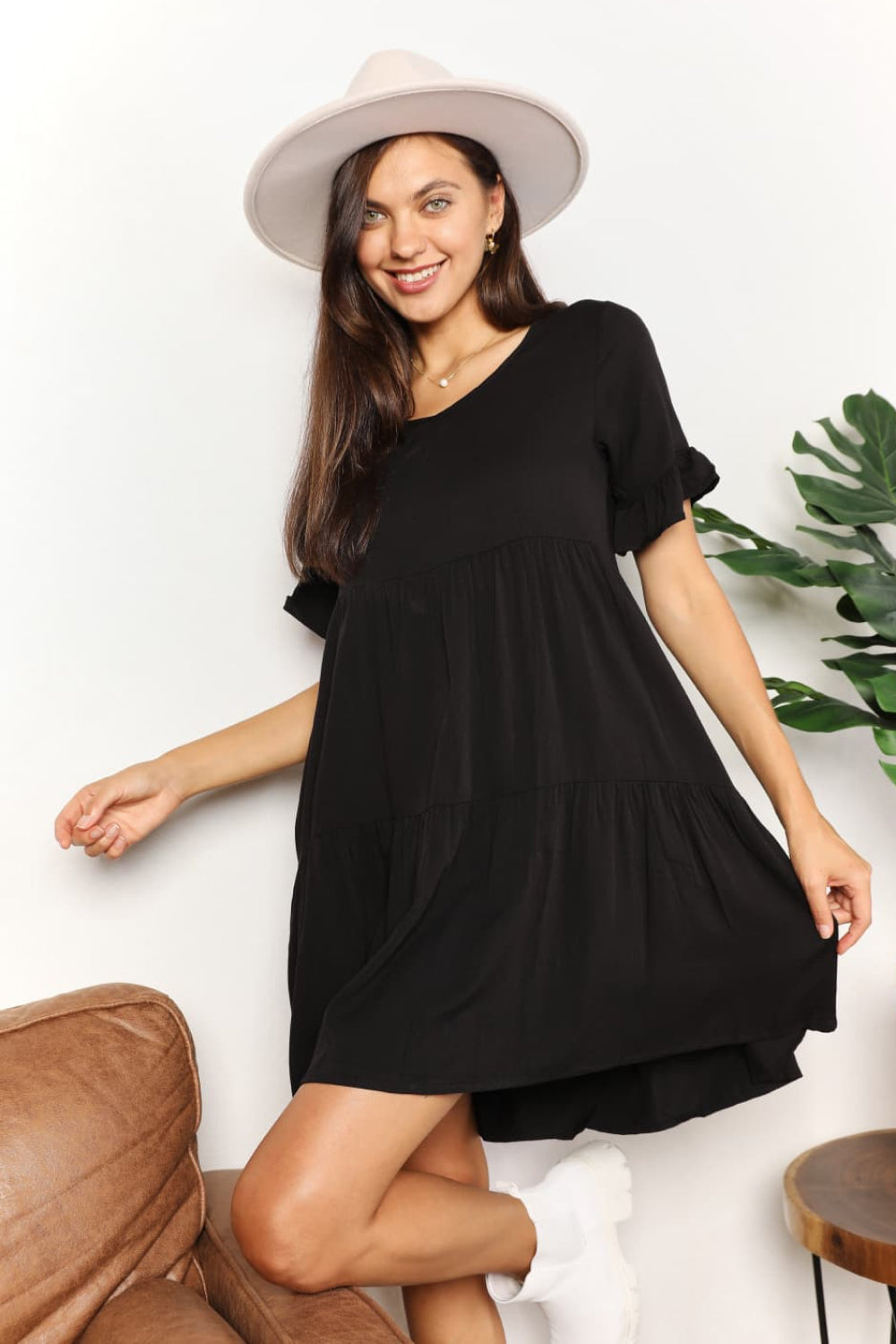 Image of Mandy V-Neck Flounce Sleeve Tiered Dress | Queeble.shop