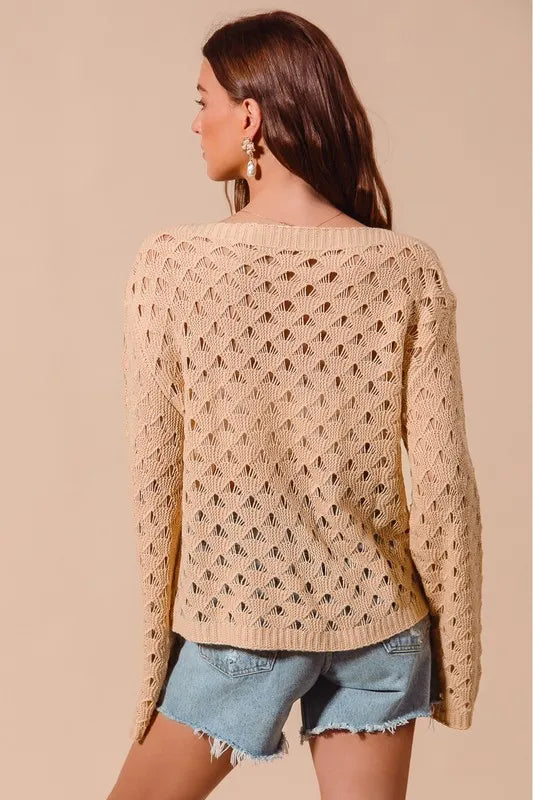 Image of SO ME Geometric Pattern Open Knit Lightweight Sweater | Queeble.shop