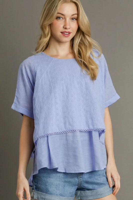 Image of Umgee Full Size Eyelet Layered Short Sleeve Blouse Plus Size | Queeble.shop