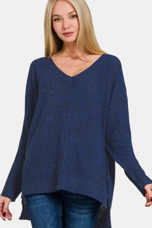 Image of Zenana High-Low Center Seam V-Neck Sweater | Queeble.shop
