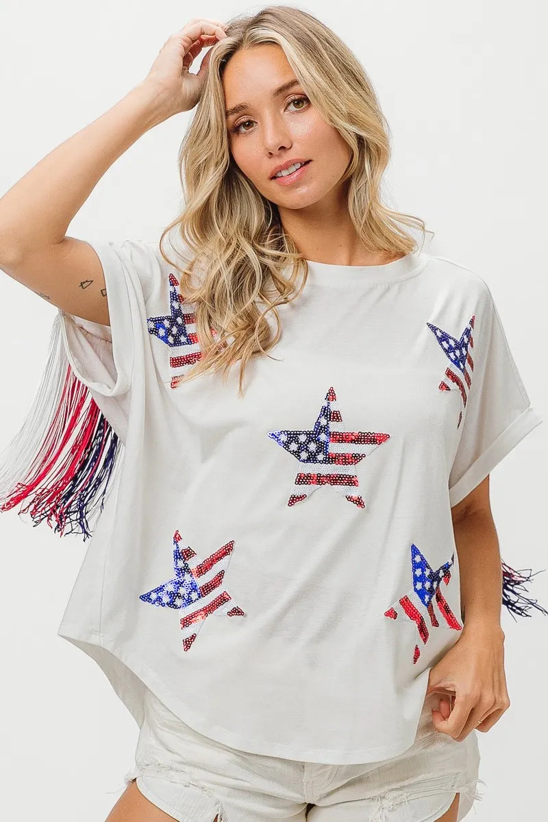 Image of BiBi American Flag Sequin Star Fringe Top | Queeble.shop