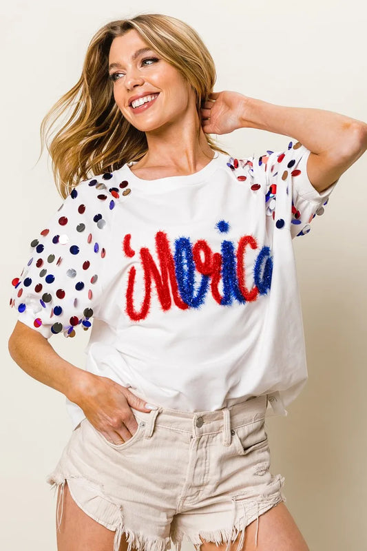 Image of BiBi Metallic Letter Spangle Raglan Puff Sleeve Top | Queeble.shop