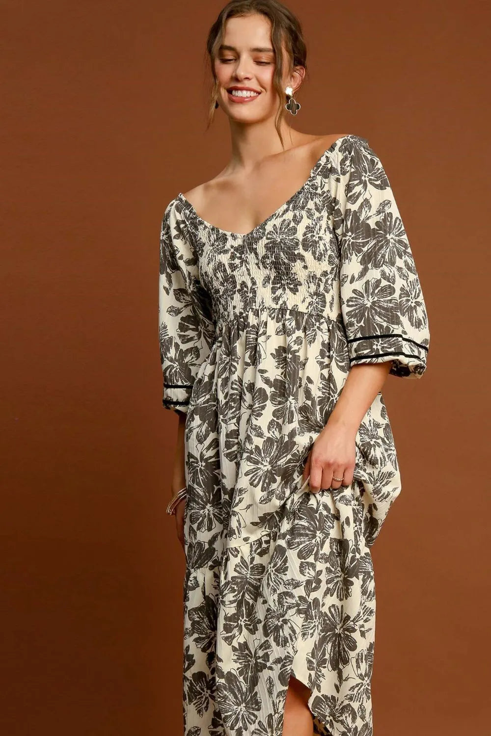Image of Umgee Ruffle Hem Flower Printed V-Neck Dress | Queeble.shop