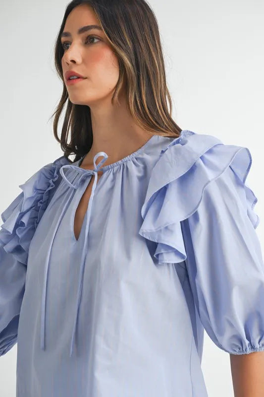 Image of MABLE Stripe Ruffle Shoulder Puff Sleeve Blouse | Queeble.shop