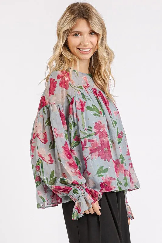 Image of Mittoshop Floral Round Neck Flounce Sleeve Blouse | Queeble.shop