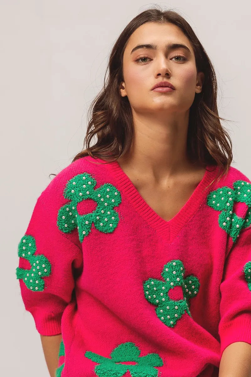 Image of BiBi Pearl Beads Flowers Sweater Top | Queeble.shop