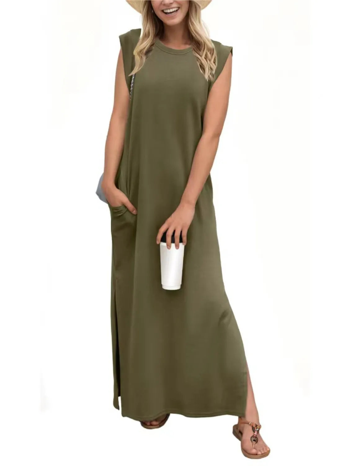 Image of Full Size Slit Round Neck Sleeveless Maxi Tank Dress Plus Size | Queeble.shop