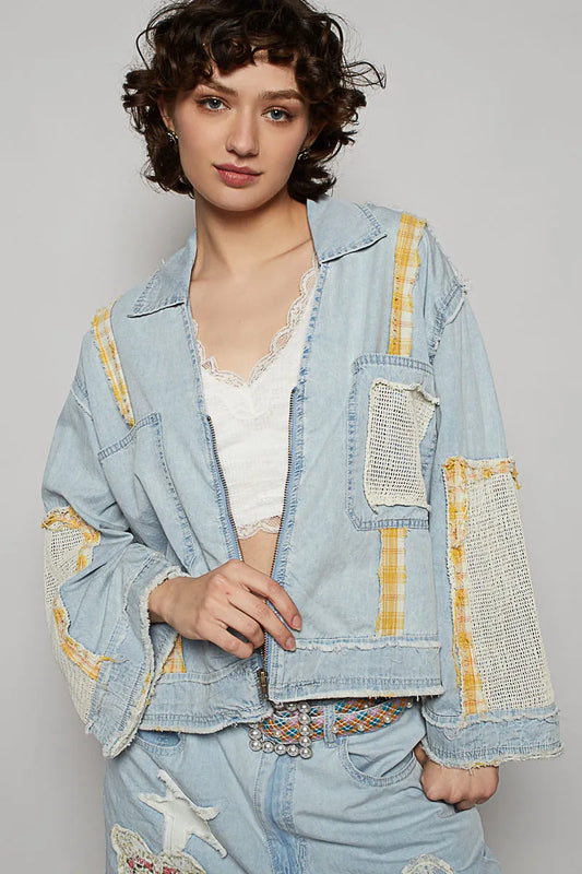 Image of POL Raw Hem Zip Up Denim Jacket with Plaid and Crochet Patch | Queeble.shop