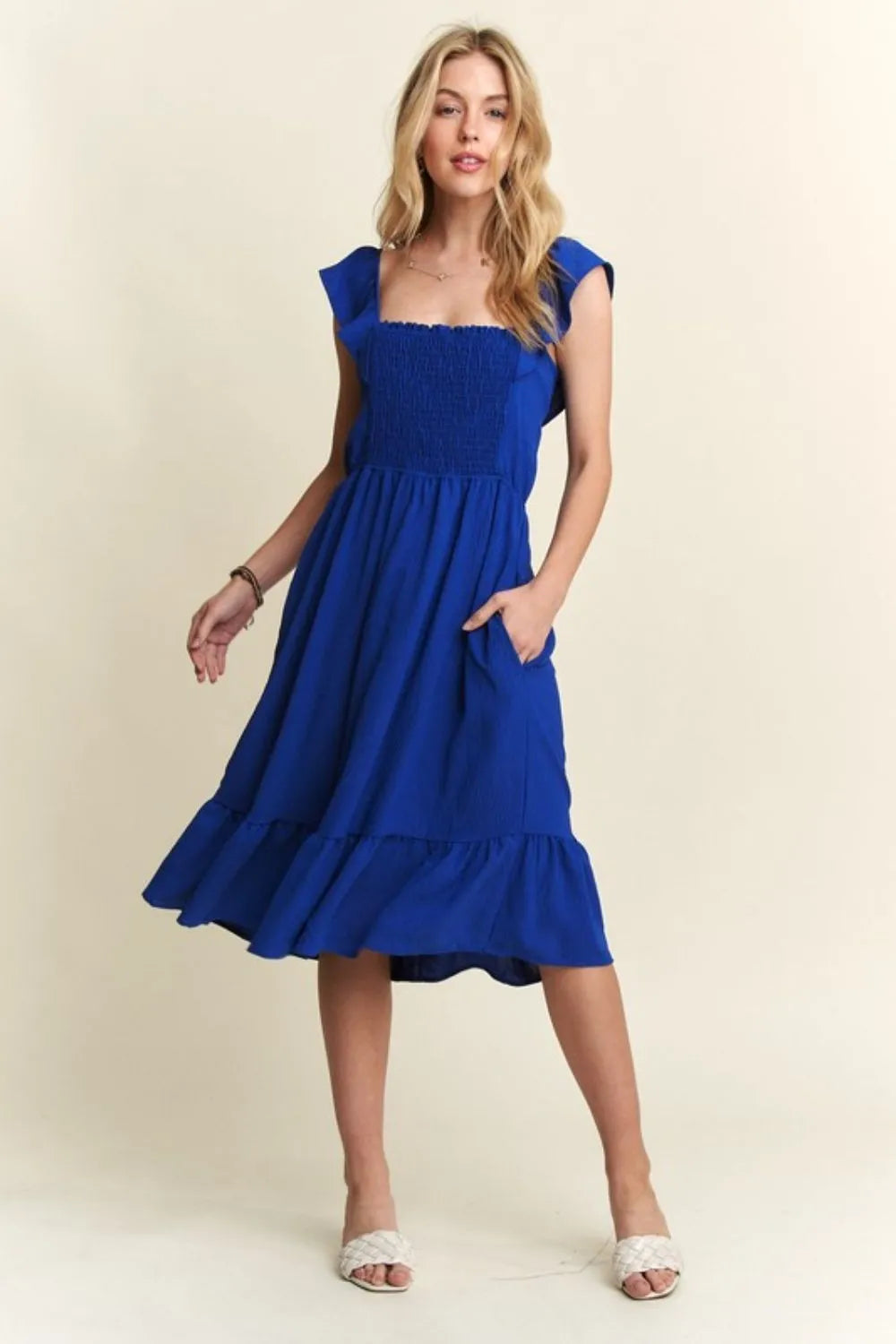 Image of ADORA Smocked Square Neck Ruffled Cap Sleeve Dress | Queeble.shop