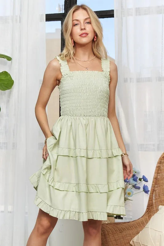 Image of ADORA Smocked Ruffled Wide Strap Mini Dress | Queeble.shop