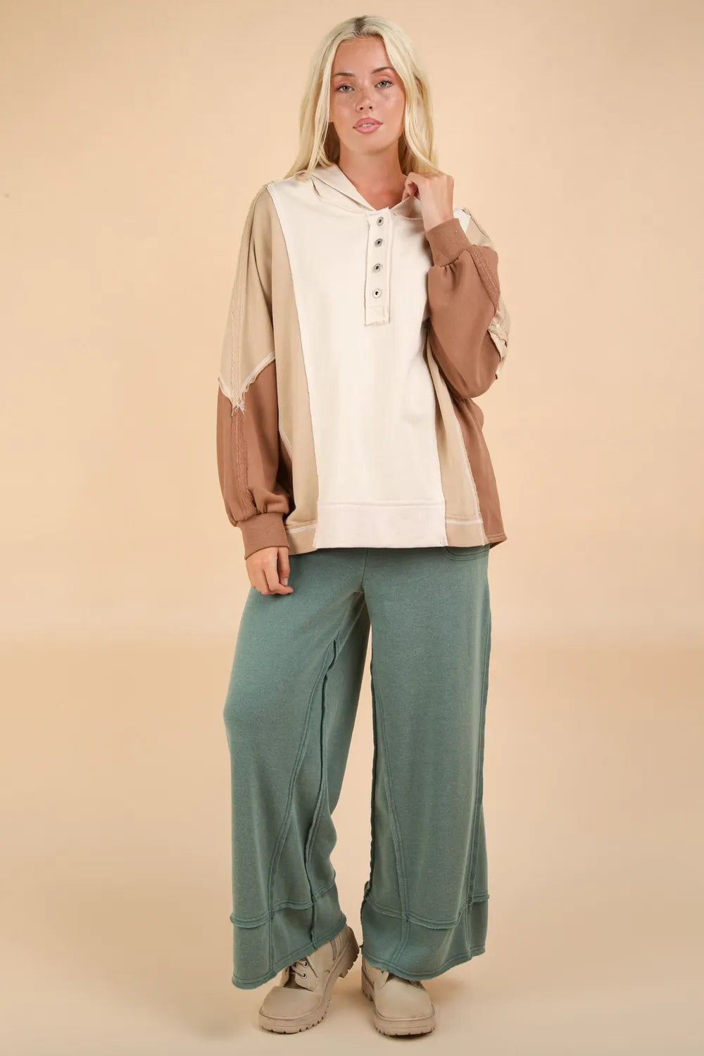 Image of VERY J Exposed Seam Color Block Half Button Hoodie | Queeble.shop