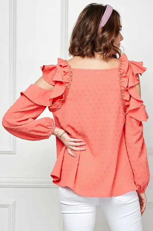 Image of Lime 'N' Chili Ruffle Trim Cold Shoulder Swiss Dot Blouse | Queeble.shop