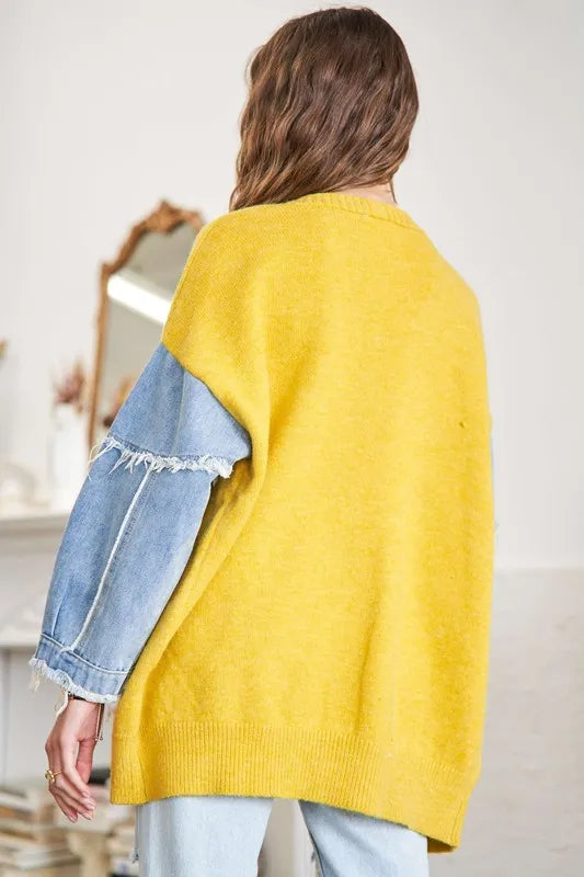 Image of ADORA Full Size Frayed Denim Sleeve Sweater Cardigan Plus Size | Queeble.shop