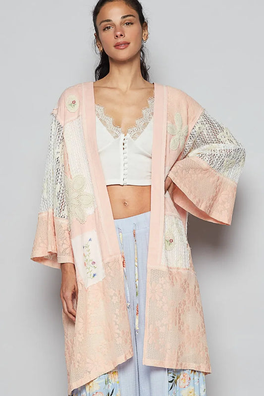 Image of POL Double Gauze and Lace Mix Cardigan with Embroidered Detail | Queeble.shop