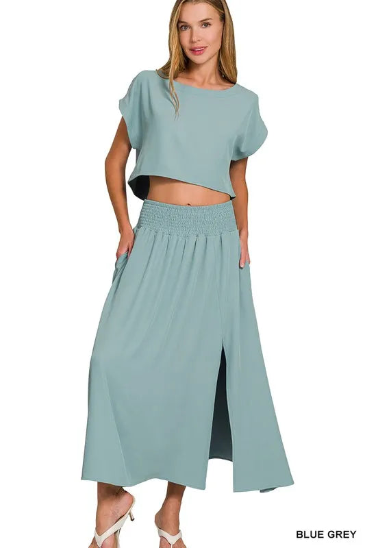 Image of Zenana Heavy Woven Span Crop Tee & Skirt Set | Queeble.shop