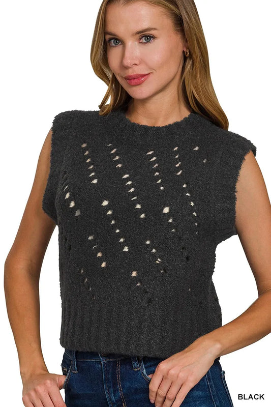 Image of Zenana Openwork Textured Wool Sweater Vest | Queeble.shop