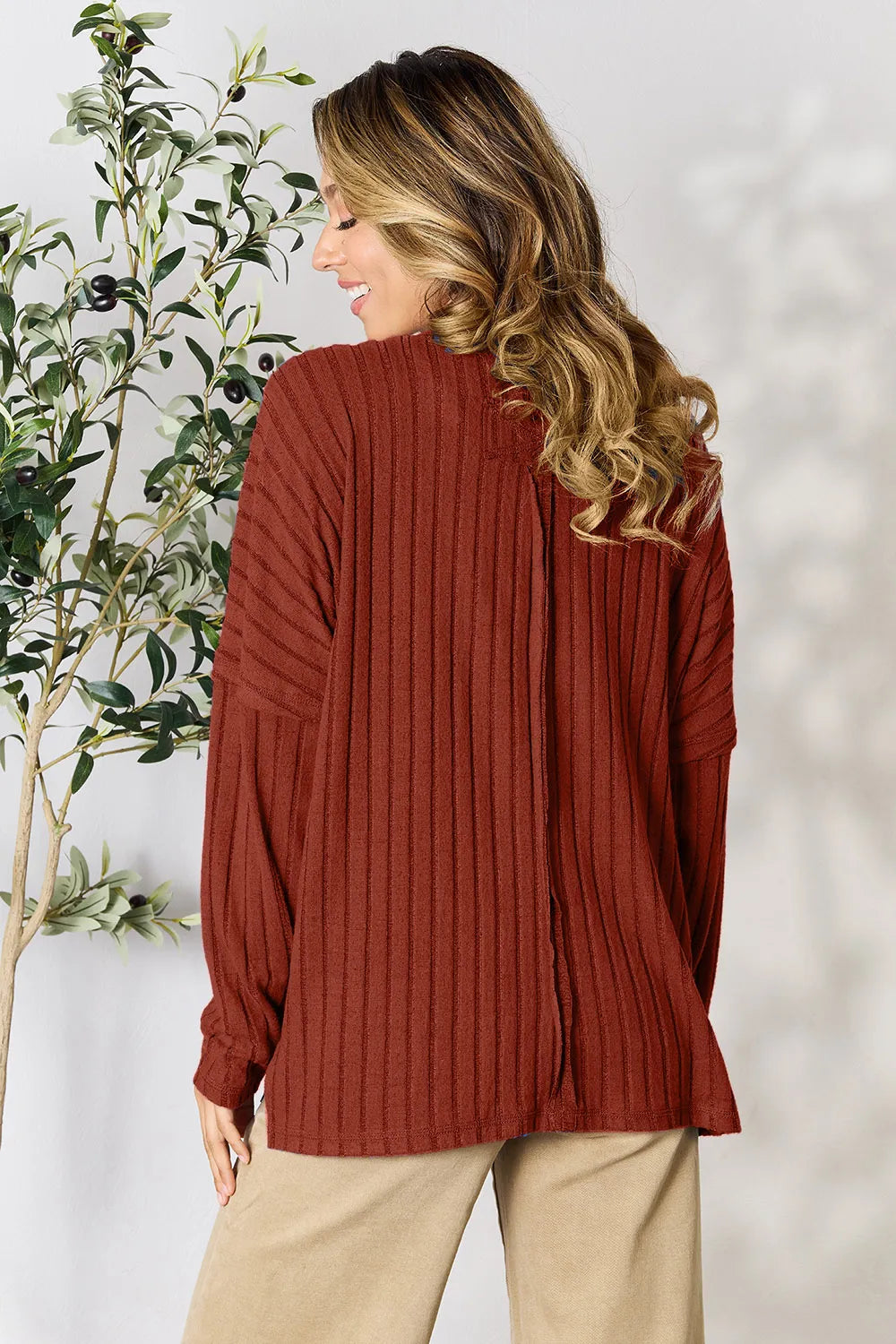 Image of Basic Bae Full Size Ribbed Round Neck Slit Knit Top | Queeble.shop