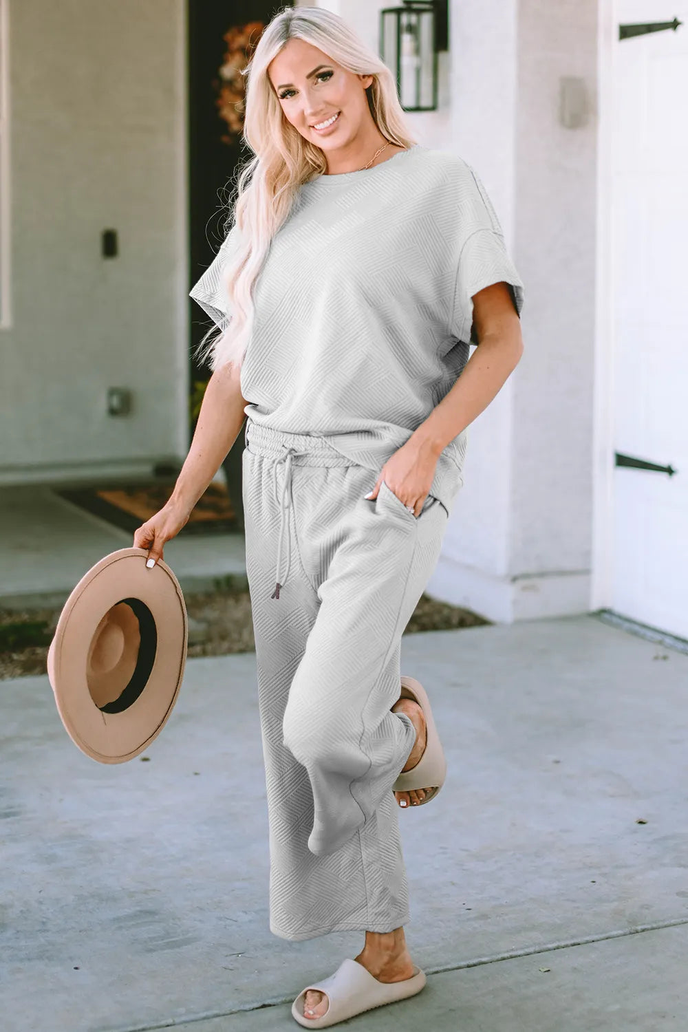 Image of Double Take Full Size Texture Short Sleeve Top and Pants Set | Queeble.shop