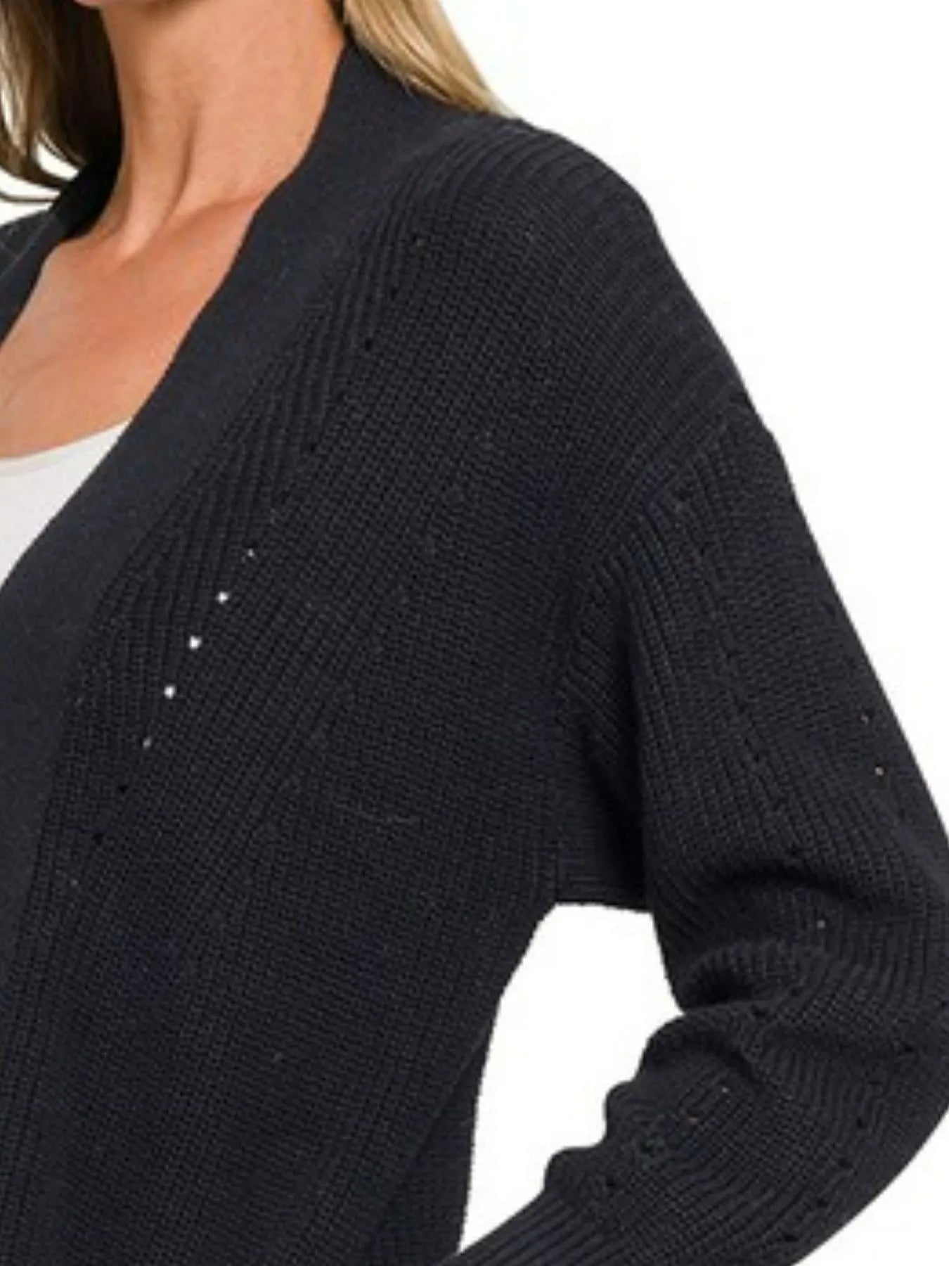 Image of Zenana Eyelet Open Sweater Cardigan with Pockets | Queeble.shop