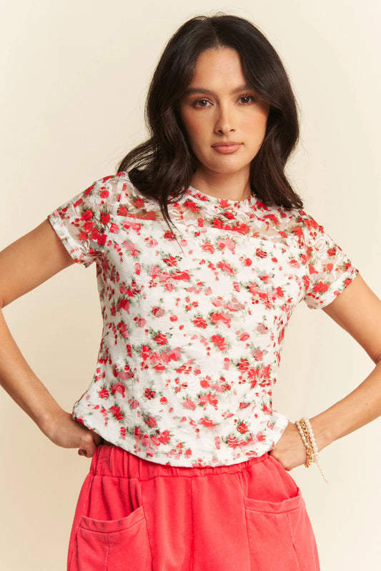 Image of Davi & Dani Ribbon Short Sleeve Layered Mesh Top | Queeble.shop