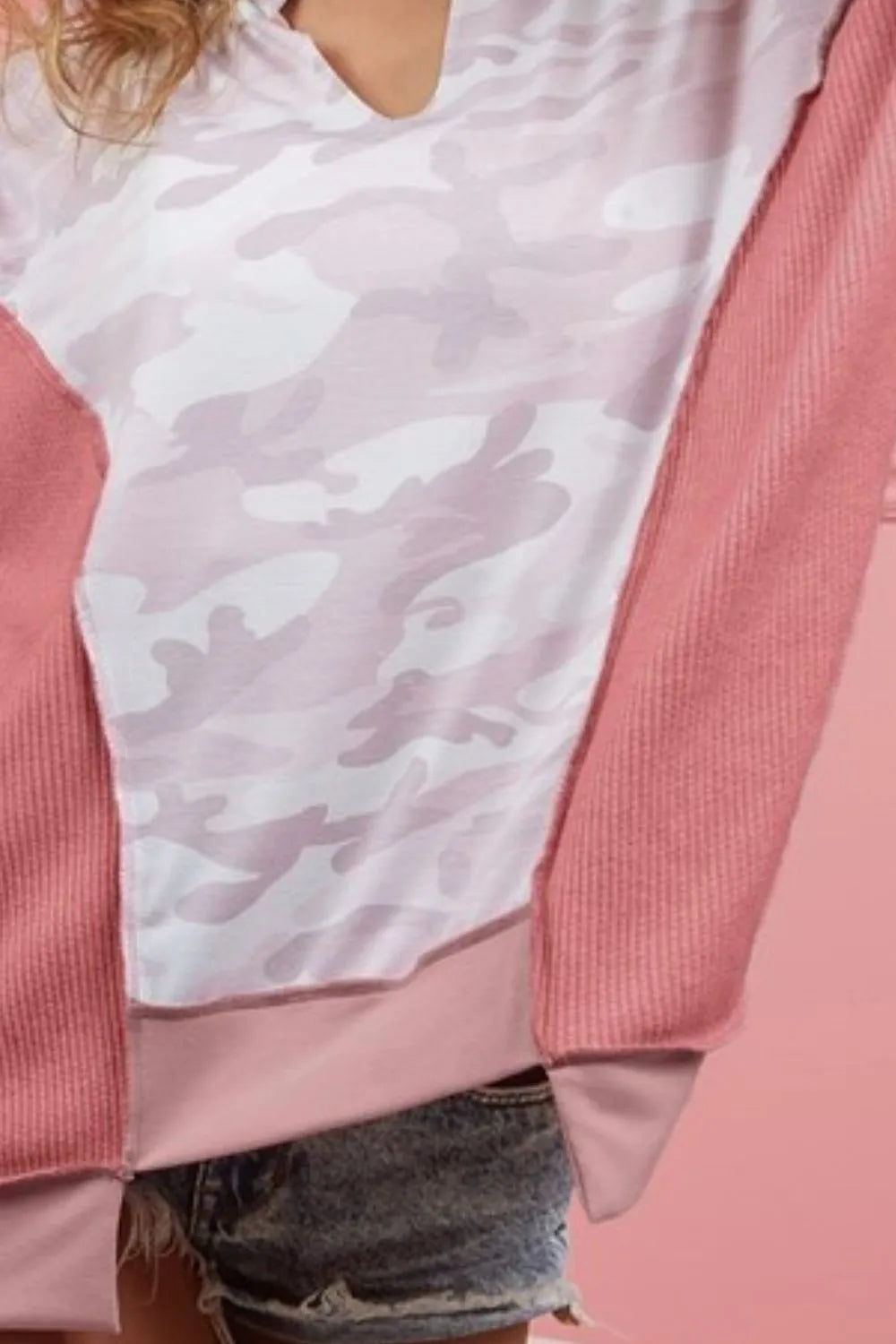 Image of BiBi Camo Printed French Terry Knit Color Block Top | Queeble.shop