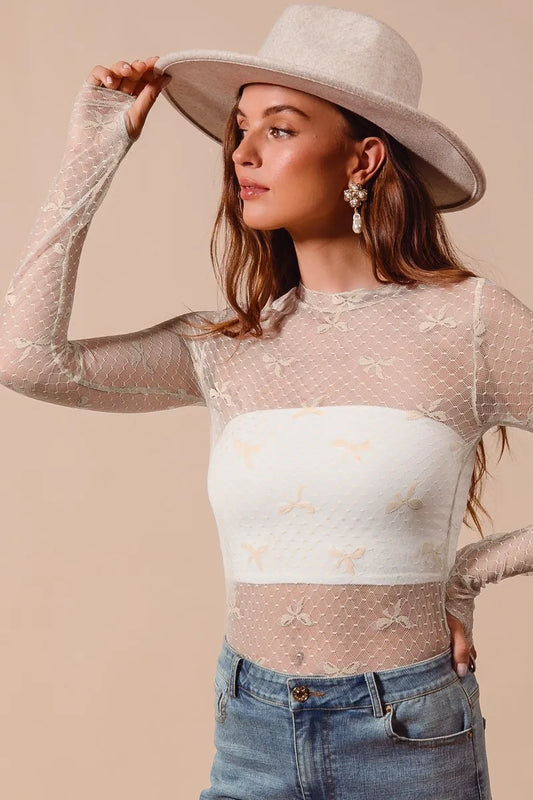 Image of SO ME Bow Ribbon Pattern Sheer Lace Top | Queeble.shop