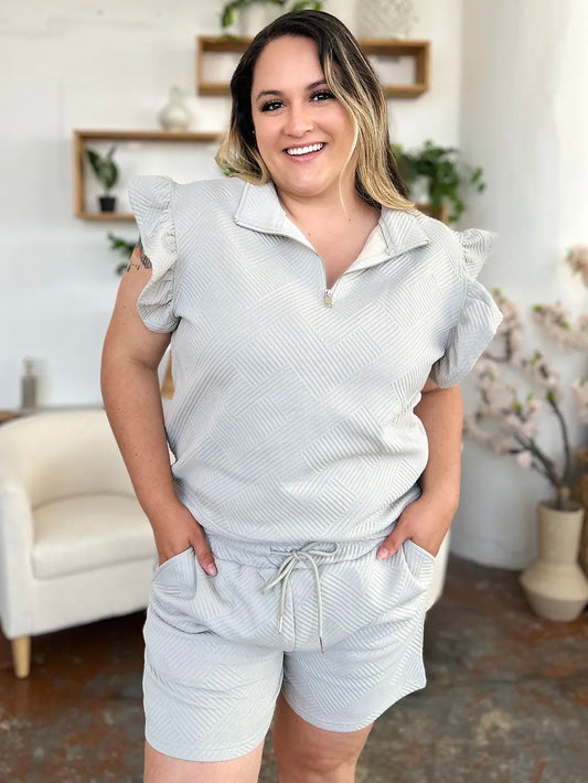Image of Double Take Full Size Texture Flounce Sleeve Top and Drawstring Shorts Set | Queeble.shop