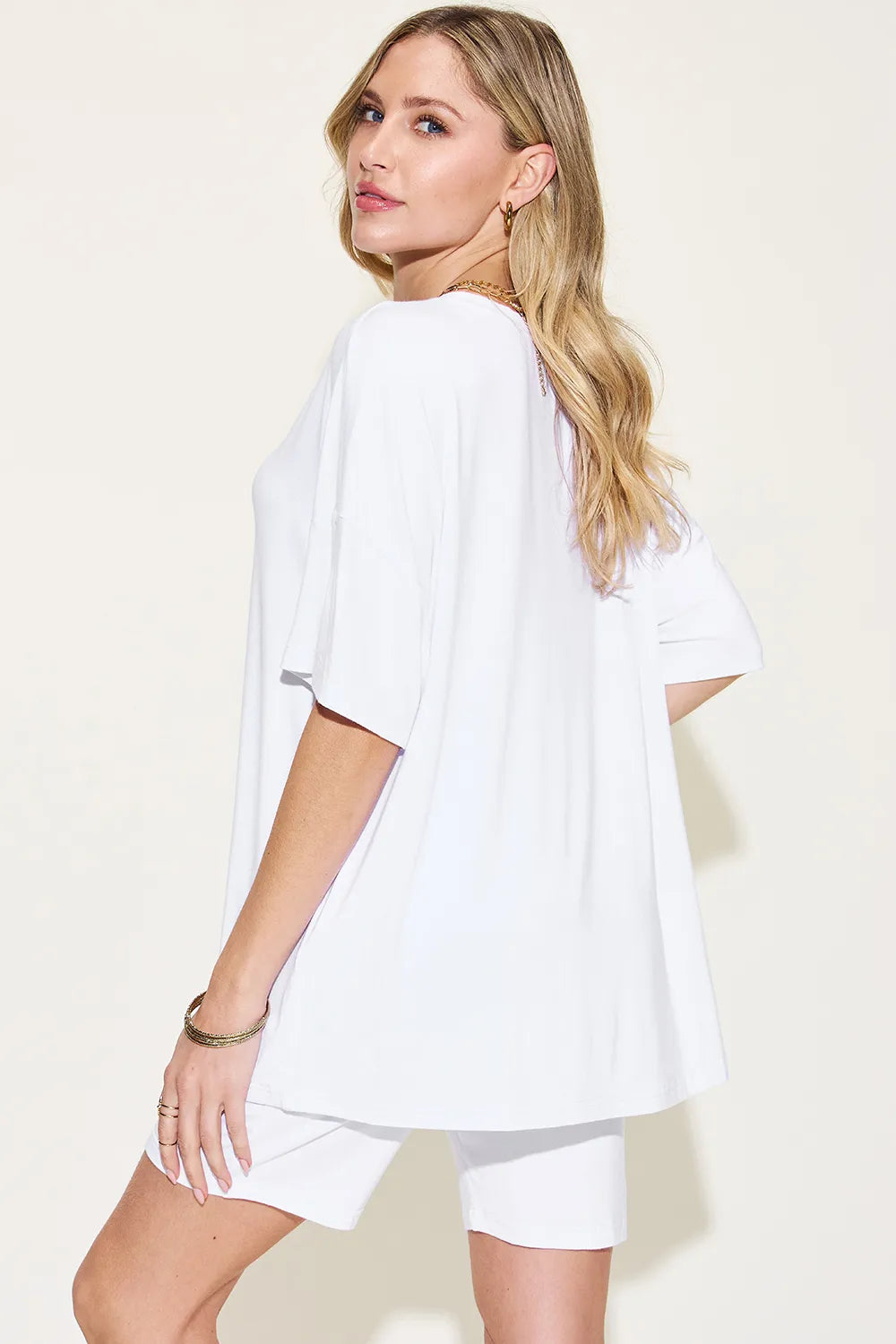 Image of Basic Bae Full Size V-Neck Drop Shoulder T-Shirt and Shorts Set | Queeble.shop