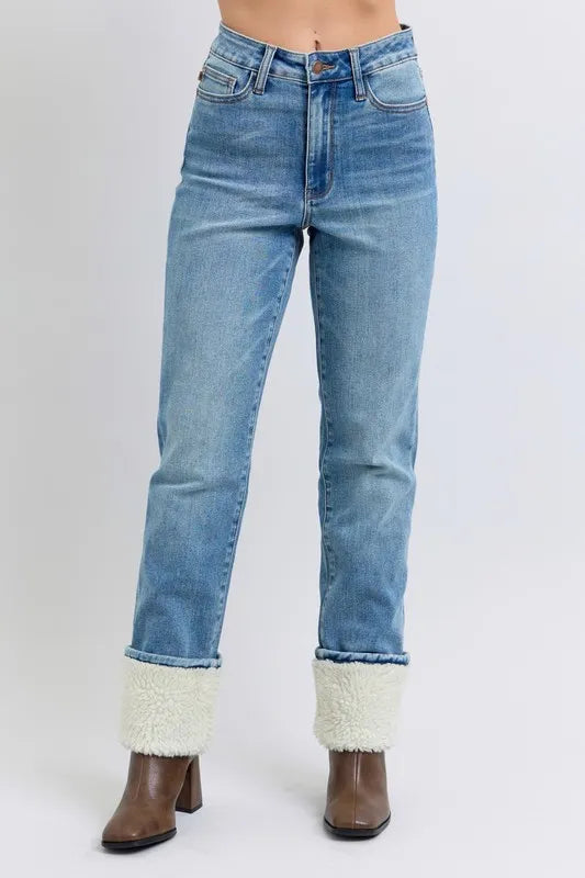 Image of Judy Blue Full Size High Waist Shearling Cuff Straight Plus Size | Queeble.shop