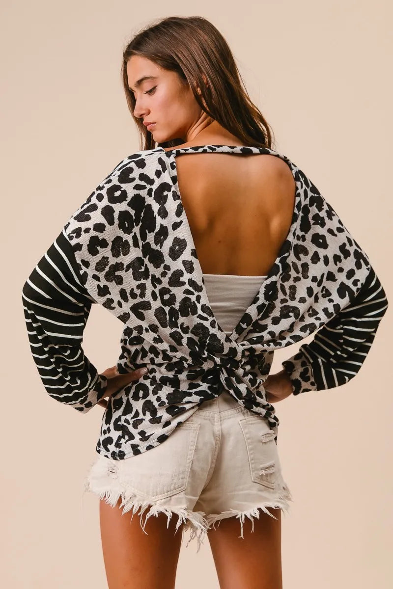 Image of BiBi Leopard Hacci Knit Twist Back Top With Stripe Sleeve | Queeble.shop